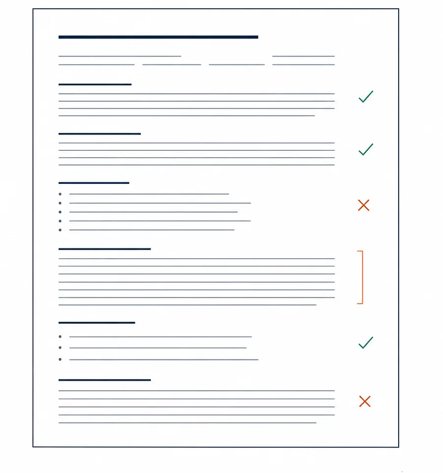 A CV page with requirements ticked in the margin and gaps marked